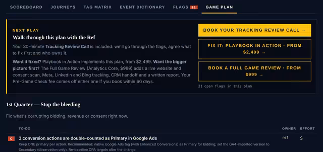 Game Plan tab: next steps and the fix list grouped by quarter